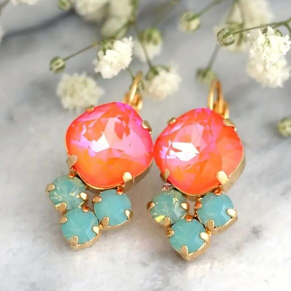 "Emma" Pink and Turquois Glass Mosaic Drop and Dangle Earrings - Picture 1 of 2
